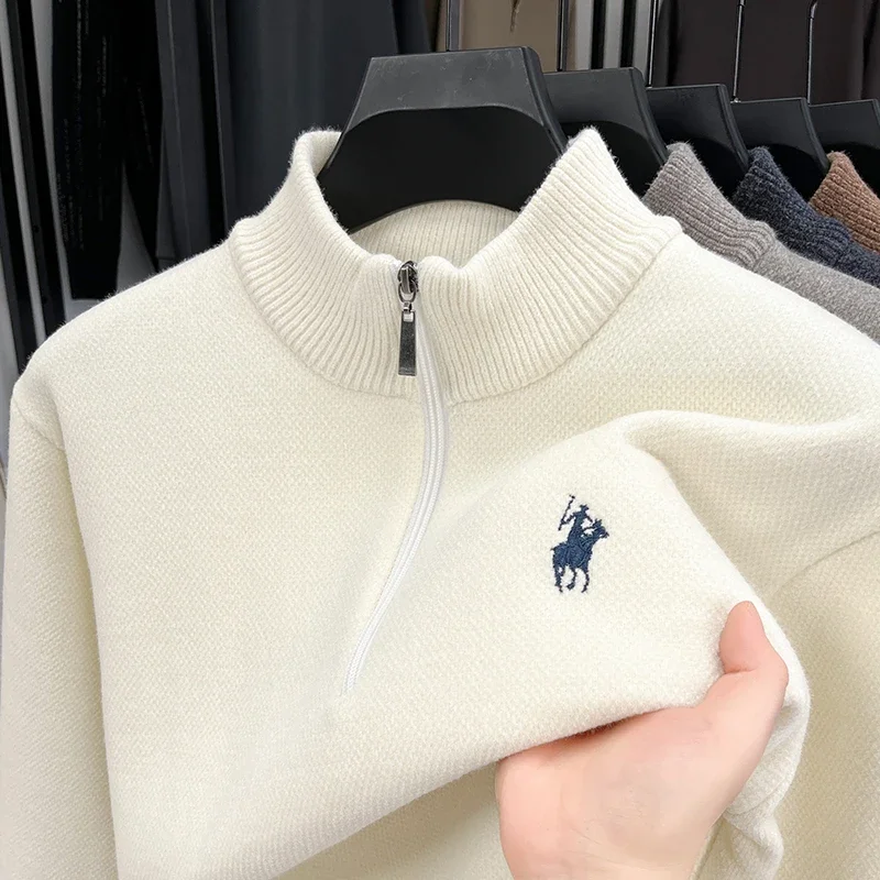 

Fashion Winter Men Wool Pony Embroidered Zipper Stand Up Collar Head Knitwear Plush Thick Soft Sweater Warm Menswear Pullover