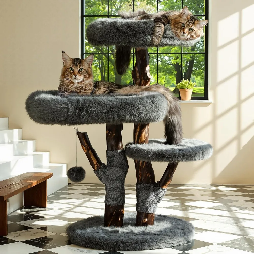 

Cat Tree Tower for Large Cats, Large Cat Tree for Maine Coon Indoor Cats with Faux Fox Fur, Solid Wood Sisal Scratching Post,
