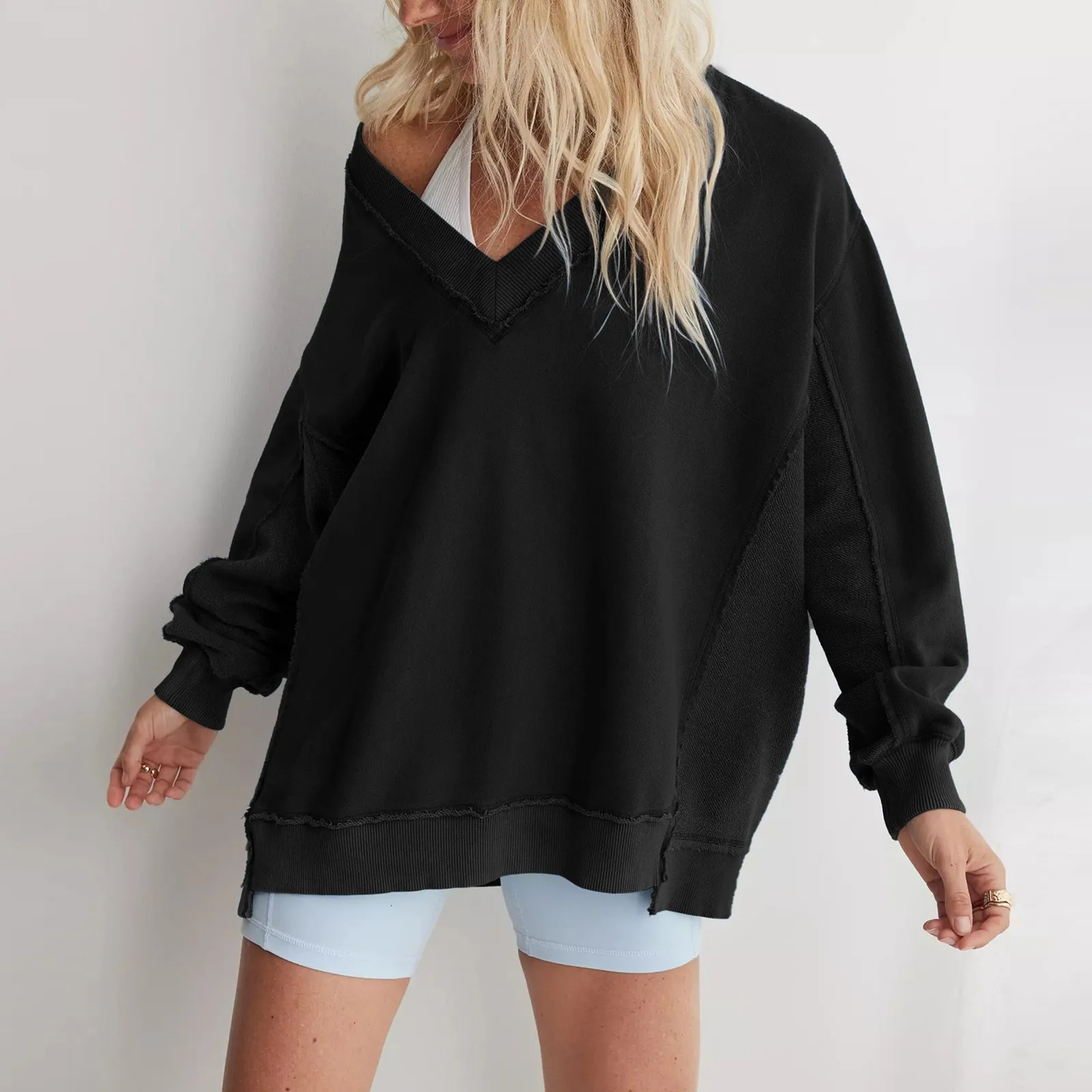 Oversized Sweatshirt For Women Korean Fashion Autumn Vintage V Neck Solid Sweatshirts For Women Women Winter Warm Pullovers