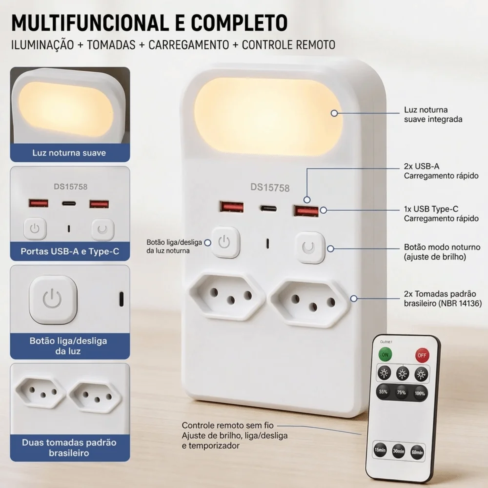 USB Quick Charge Smart Remote Night Light Remote Control Flame-Retardant Plastic Wall Socket LED Night Light