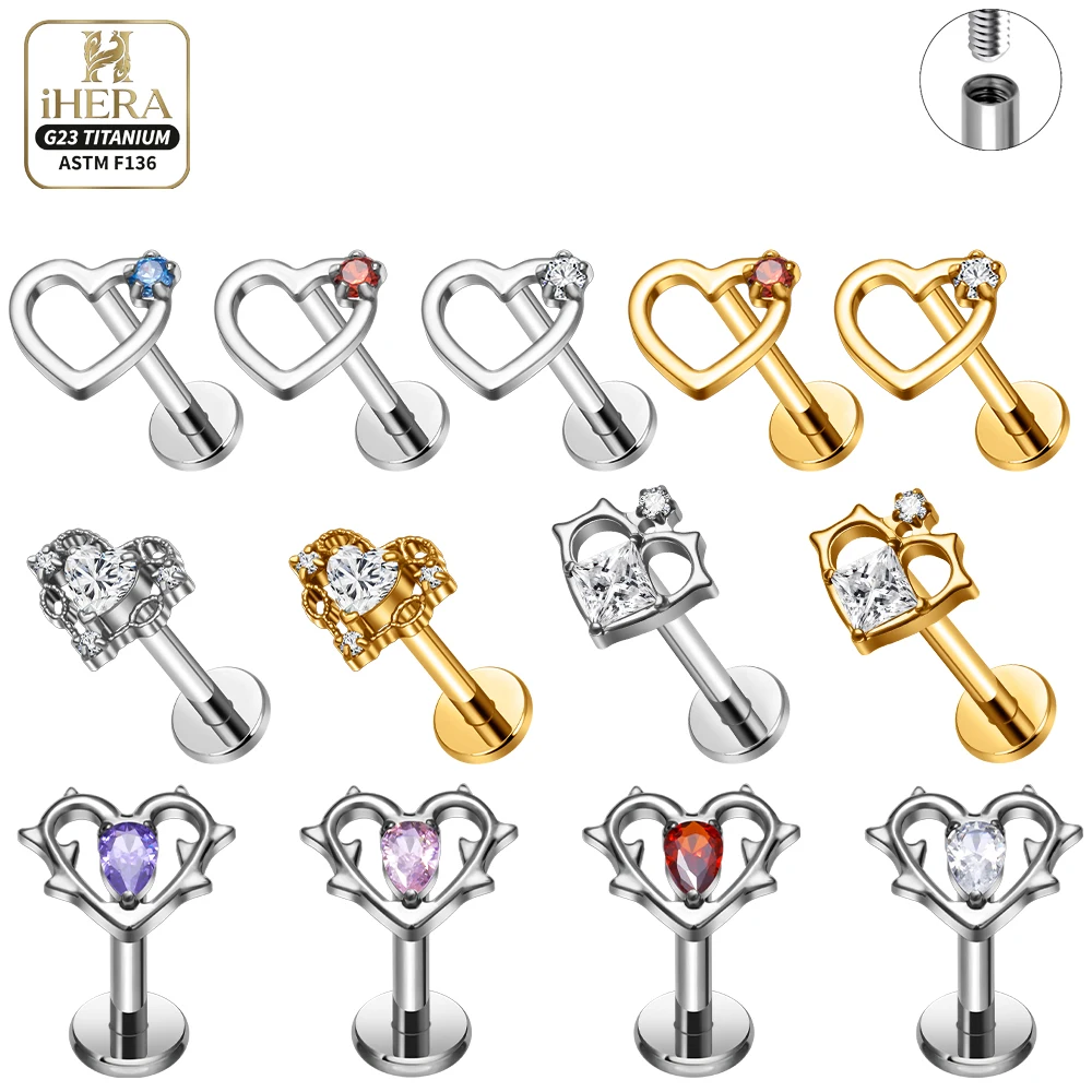 

ASTM F136 Titanium Heart Shape Sparkly CZ Inlaid Lip Ring Nose Labret Stud Ear Cartilage Piercing Jewelry Bulk Earrings