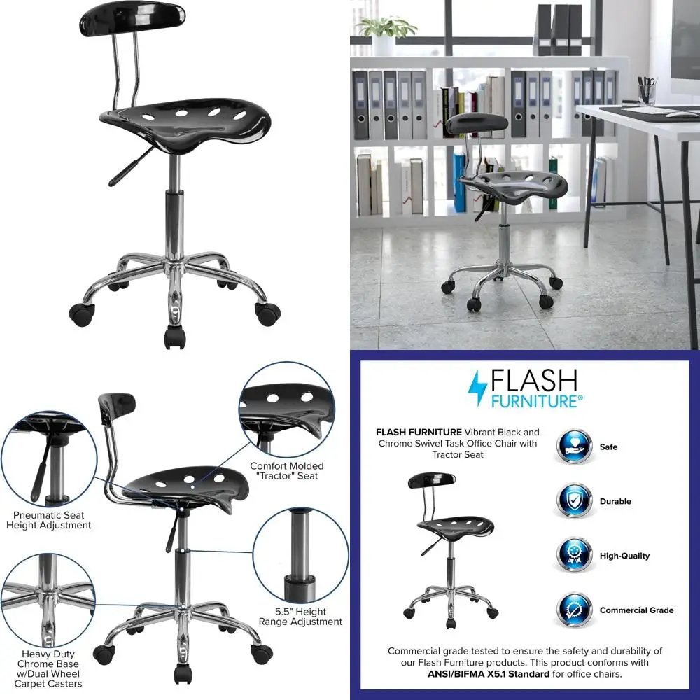 

Vibrant Black and Chrome Swivel Task Chair with Tractor Seat for Office Use