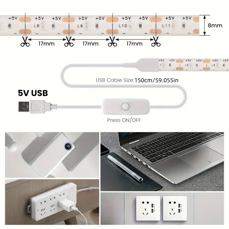 5V USB biała listwa oświetleniowa LED z USB ręcznym przełącznikiem On-line sterowanie podświetleniem taśma dwustronna do szafki kuchennej TV