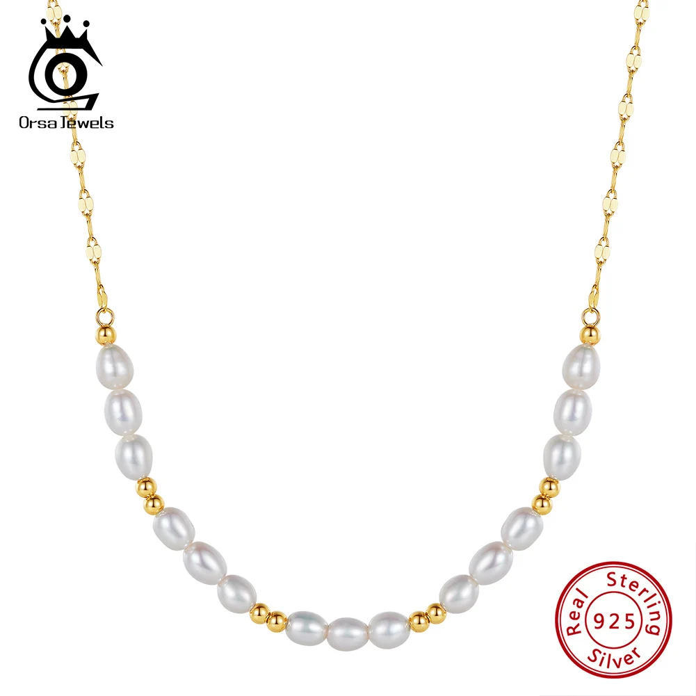 

ORSA JEWELS Elegant 14K Gold 925 Sterling Silver Chain Necklace with Freshwater Pearl for Women Party Fashion Jewelry GPN67