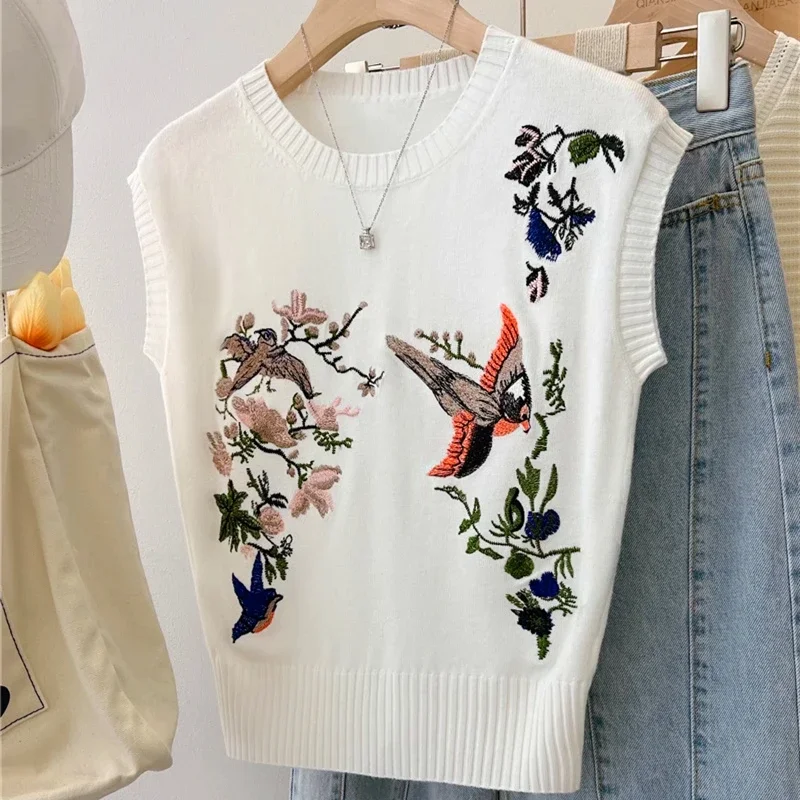 Luxury Flowers Birds Embroidery Sweaters T-shirt Summer Fashion Women Skinny Sleeveless Aesthetic Clothes Gentle Lady Japanese