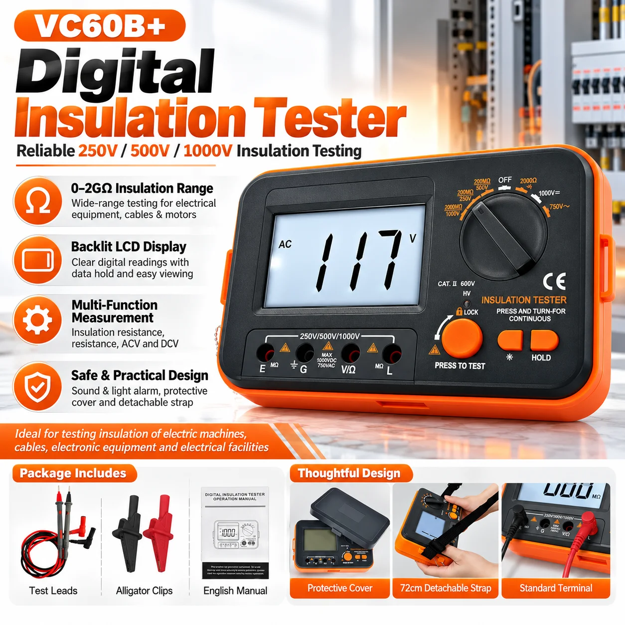 Digital Insulation Resistance Tester DCV ACV Megohm Meter DC250/500/1000V AC750V High Voltage With Short Circuit Input Alarm