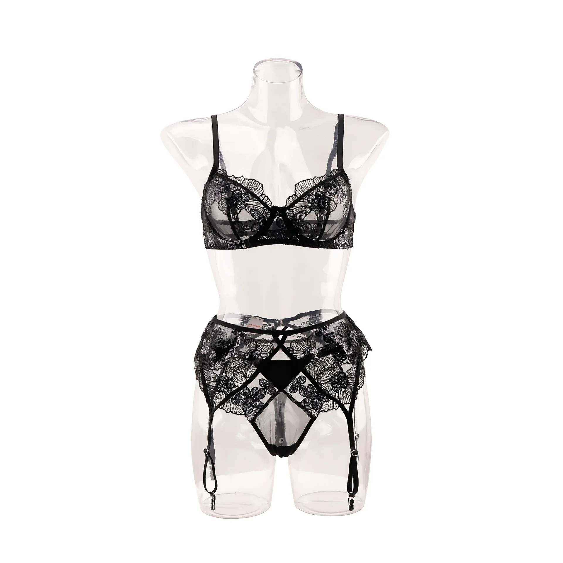 반짝이는 스팽글 패치워크 란제리 자수 플로럴 메쉬 시스루 에로틱 수트 시스루 브라와 끈 팬티 가터 이국적인 속옷