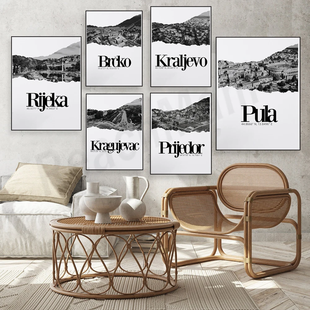 Kraljevo, Osijek, Belgrade, Sarajevo, Zagreb, Novi Sad, Prijedor, Slavonski Brod coordinates poster, Croatia, Balkans, Serbia