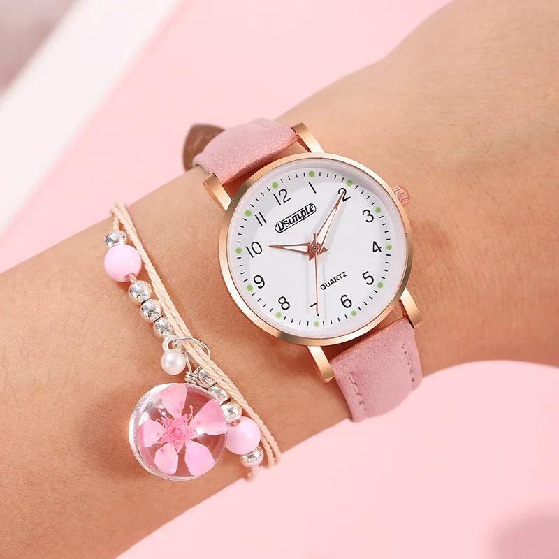 2PCS Women Pink Watches Bracelet Set Girls Gift Fashion Leather Quartz Watch Student with Bracelet for Womens Reloj Mujer