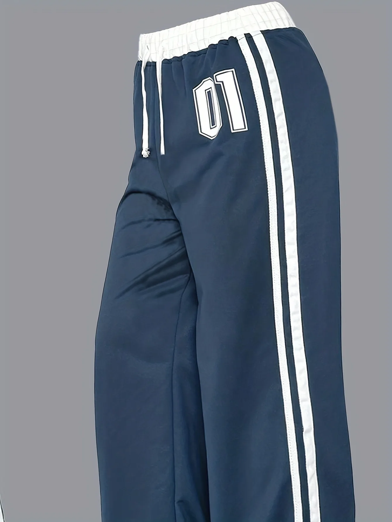 Y2K Mädchen Navy 01 Nummer Seitenstreifen Weite Jogginghose Elastischer Bund Vintage Sport Streetwear Für 4-12 Jahre – Detail 4