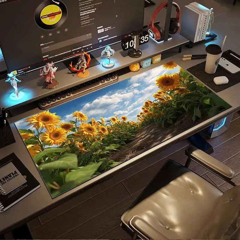 Sunflower field scenic rubber table mat with durable and large size, anti-slip surface. It is a gaming and office accessory