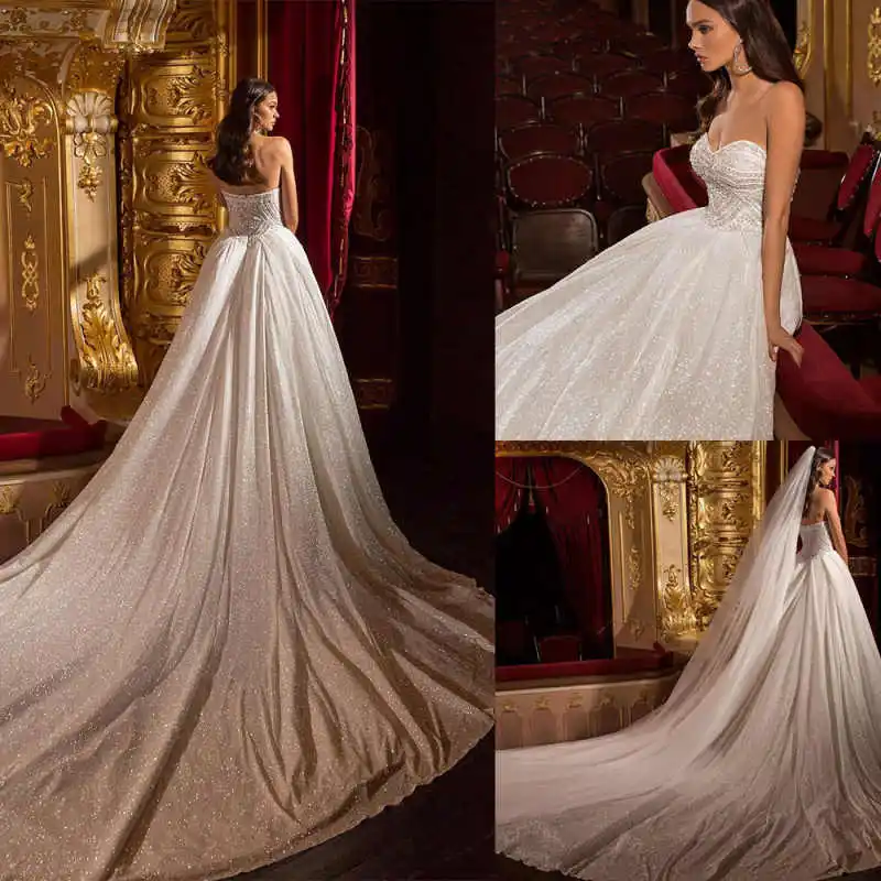 فستان زفاف فاخر مزين بالترتر بدون حمالات بطول الأرض فستان زفاف الأميرة العروس مخصص فيستدو دي نوفيا