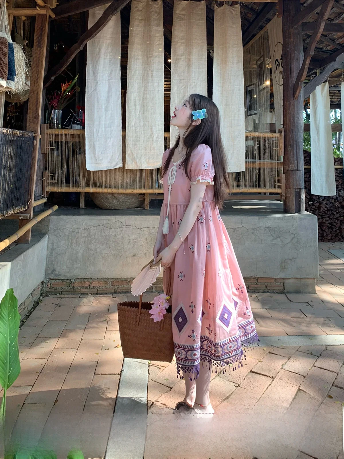 

Mucha Wooden Tea Summer Pink Bubble Sve Print Dr Women's Loose Slimming Design Fairy Skirt ort Sve Holiday Sle
