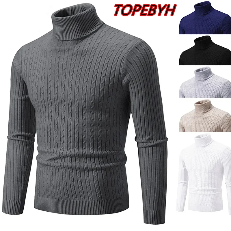 Men's High Neck Sweater Solid Color Pullover Knitted Warm Casual Turtleneck Sweatwear Woolen Mens Winter Outdoor Tops