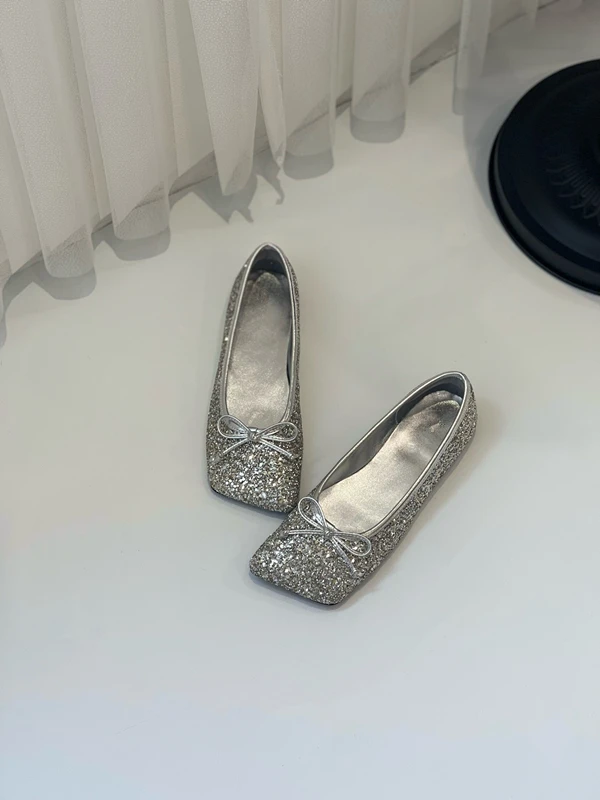 Withered French Minimalist Genuine Leather Flat Shoes Women Mary Jane Shoes Silver Diagonal Bow Ballet Shoes Loafers