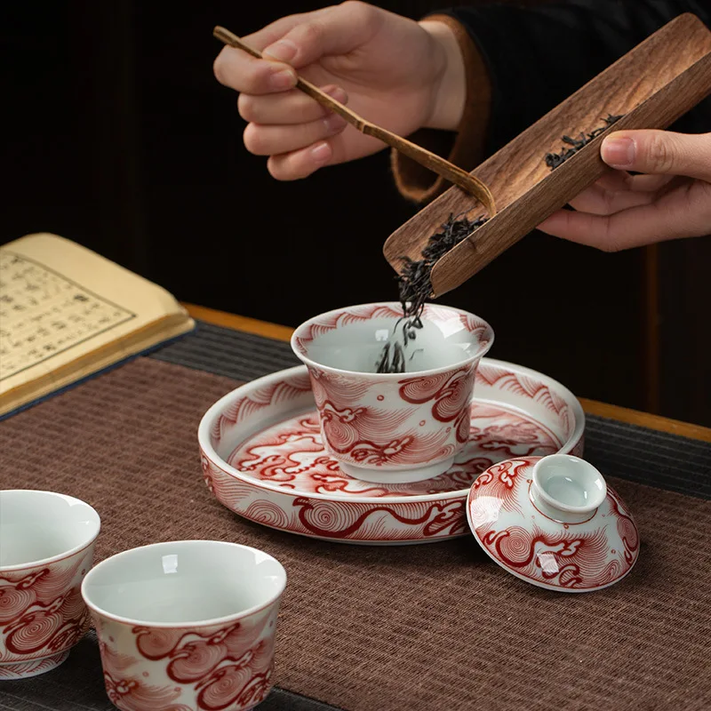 High Quality Glazed Red HAILANG Grain Gaiwan Tea Cup Single High-Grade Ceramic Kung Fu Brewing Bowl Set