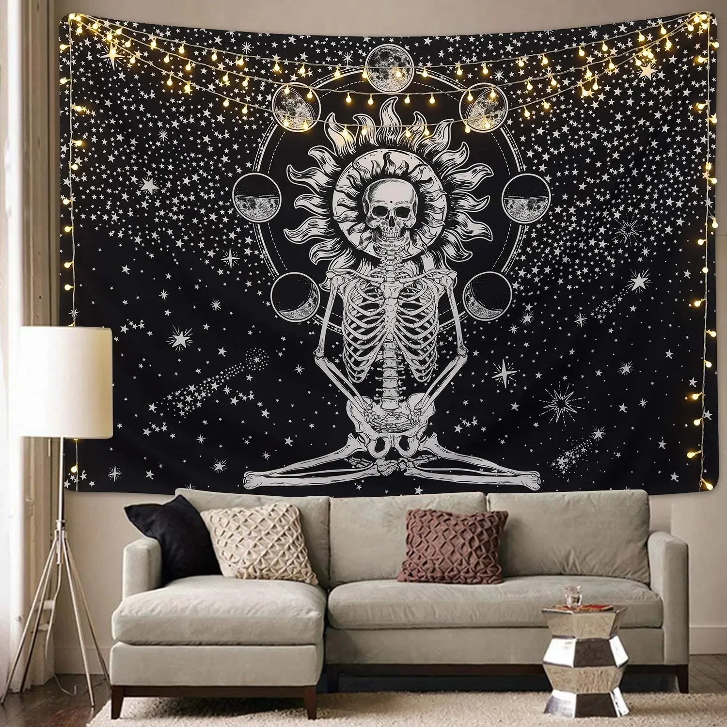 Skull Tapestry Meditation Skeleton Tapestry Chakra Tapestry Starry Black and White Stars for Room