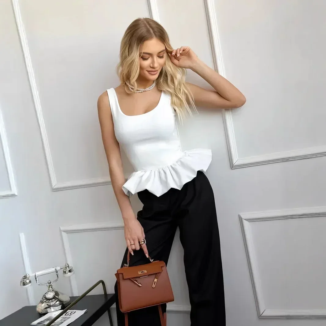 ZEKYE nouveau femmes été à la mode sans manches à volants bord Patchwork gilet court col carré polyvalent Simple et élégant haut