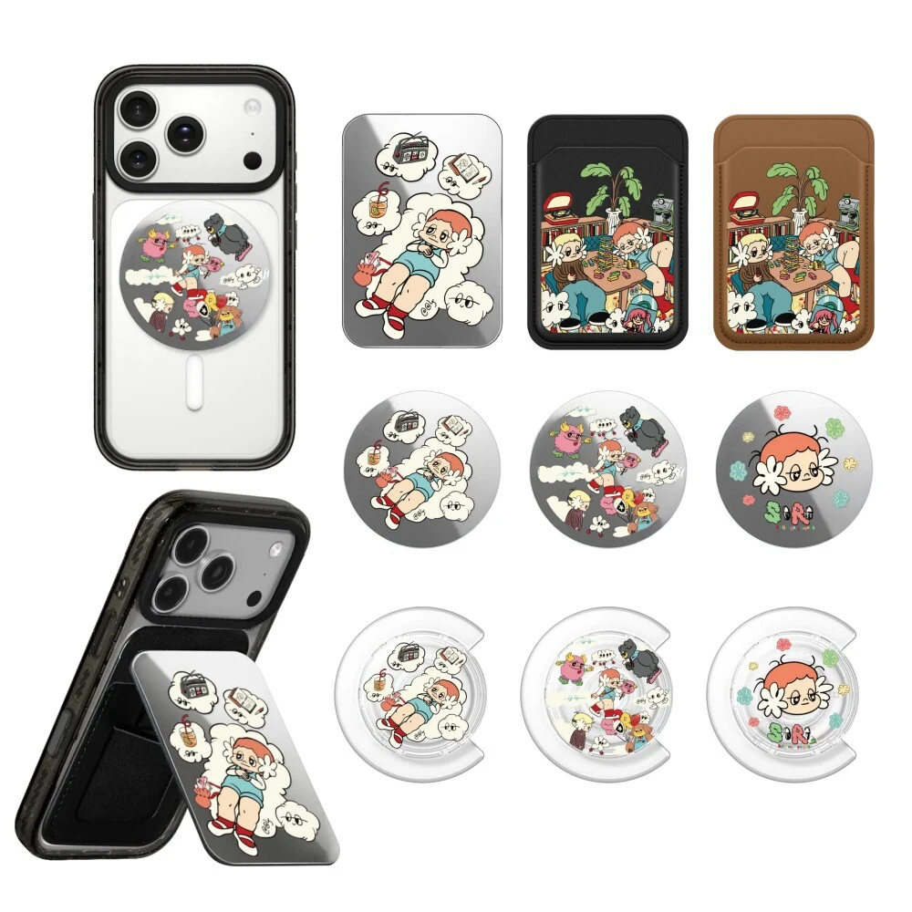 Cartoon White Cloud Ear Little Girl Pattern Magnetic Phone Grip Card Holder Stand for IPhone 13 14 15 16 17 18 Pro Max Case