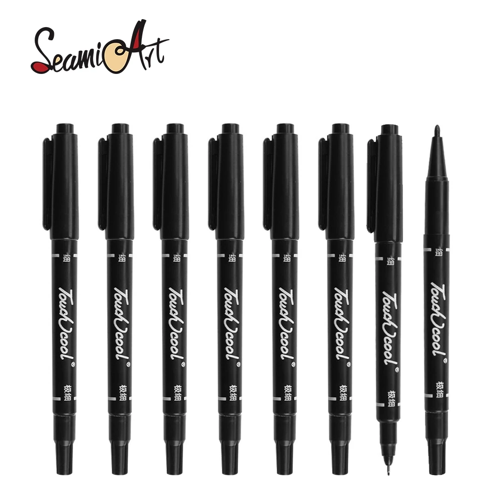 Seeiart – stylo marqueur à encre à huile permanente à double pointe, stylo de dessin de ligne à crochet étanche de couleur noire pour étudiants fournitures pour artistes, 1 pièce