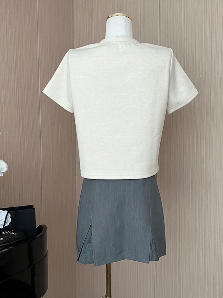 High Quality Grey Skirt 90s Office Lady Classical Cozy A-Line Skirt Casual High Street Kawaii Bow High Street Japanese Fashion