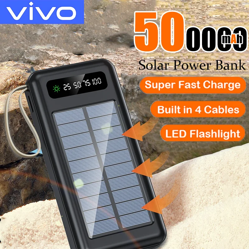 VIVO 500000mAh Solar Power Bank Large Capacity Mobile Power Fast Charging Battery With Dual USB 4 Cables For iPhone Samsung