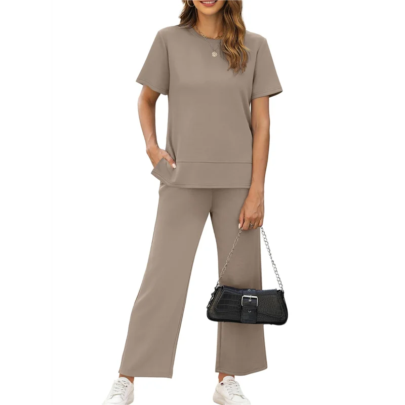 

ABHQ-Women's Two-Piece Home Wear Casual Short-Sleeved Sportswear Suit Sportswear Wide-Leg Pants Suit