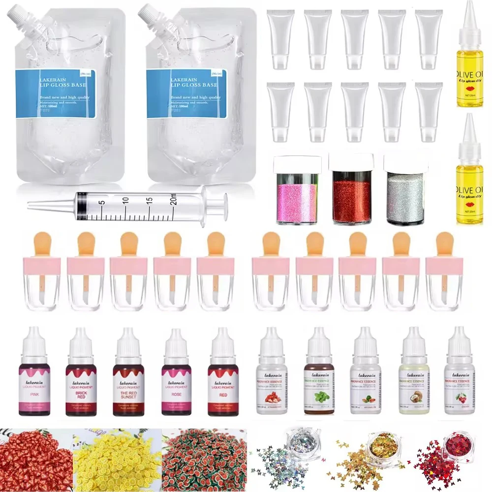 DIY Lip Gloss Kit Moisturizing Clear Lip Gloss Base Gel 200ml with Lipgloss Tube Pigment Powder Glitter Flavor Essence Flavoring