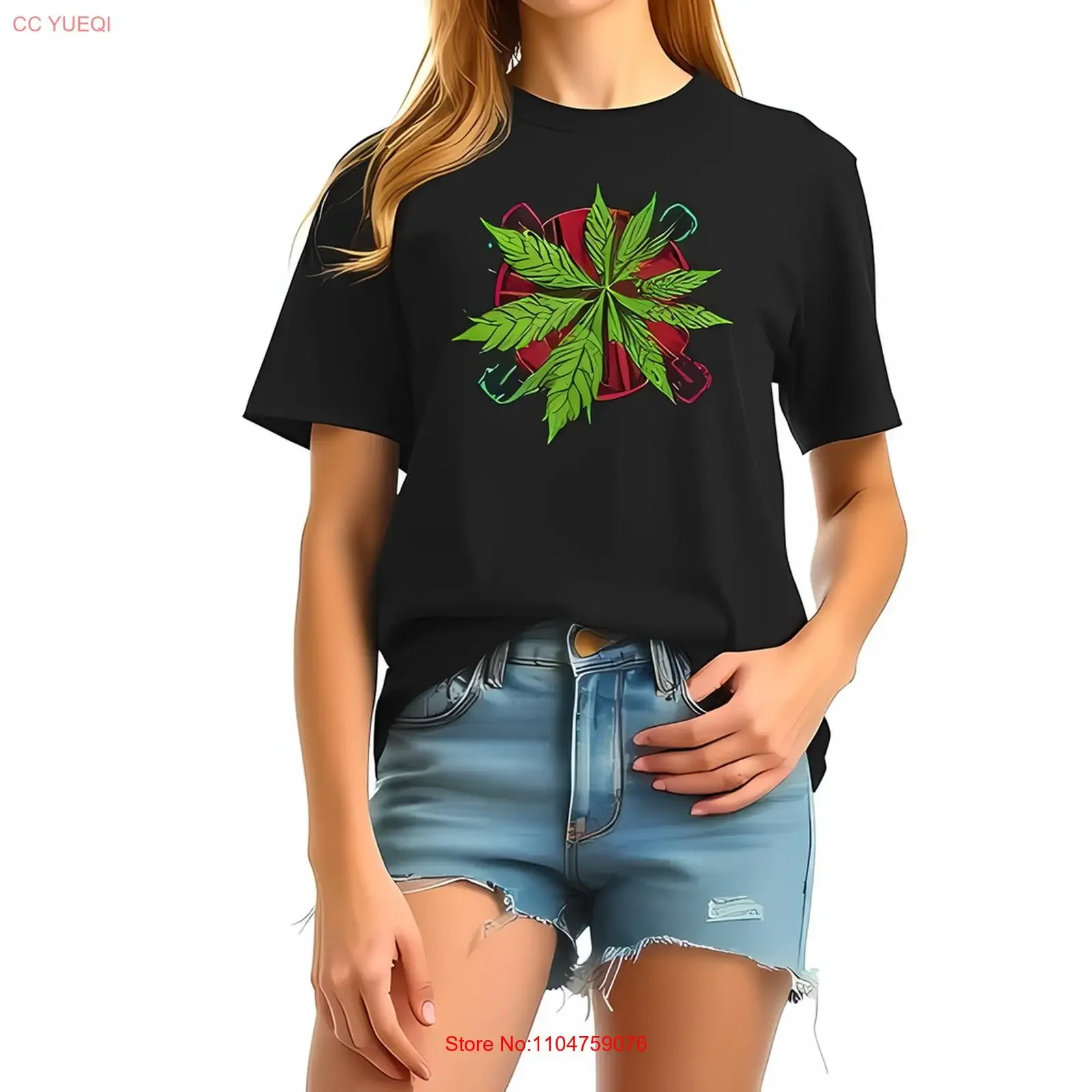 

Стильная женская черная футболка с зеленым, красным и листом, хлопковая винтажная стираная повседневная модная дизайнерская одежда с графическим рисунком