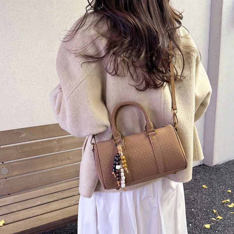 

Mini Textured Barrel Handbag for Women 2-in-1 Top Handle & Crossbody Bag with Beaded Tassel Vintage Small Boston Bag for Daily