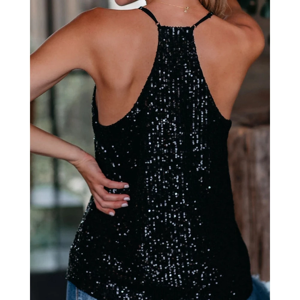 Women Sequin Stitched Design V-Neck Tank Top Fashion Femme Casual Lady Sleeveless Spaghetti Strap T-Shirts Summer Streetwear Top