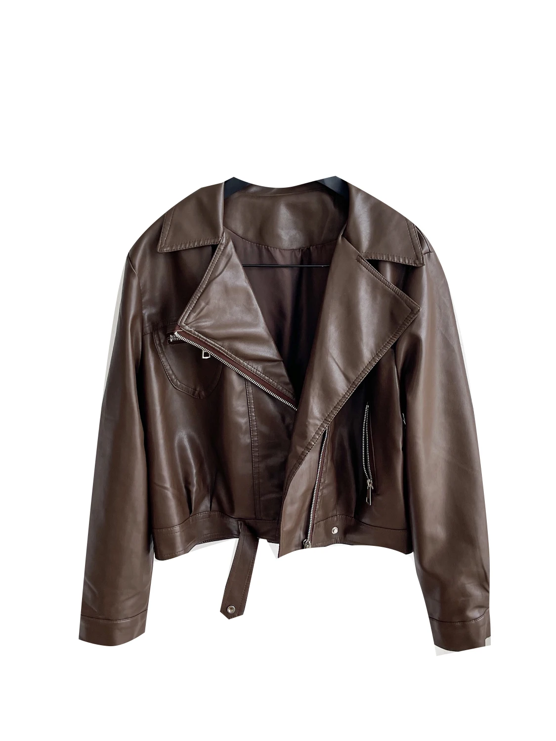Jaet de couro retrô americano feminino inverno gola virada para baixo rua versátil casual roupas de motociclista top