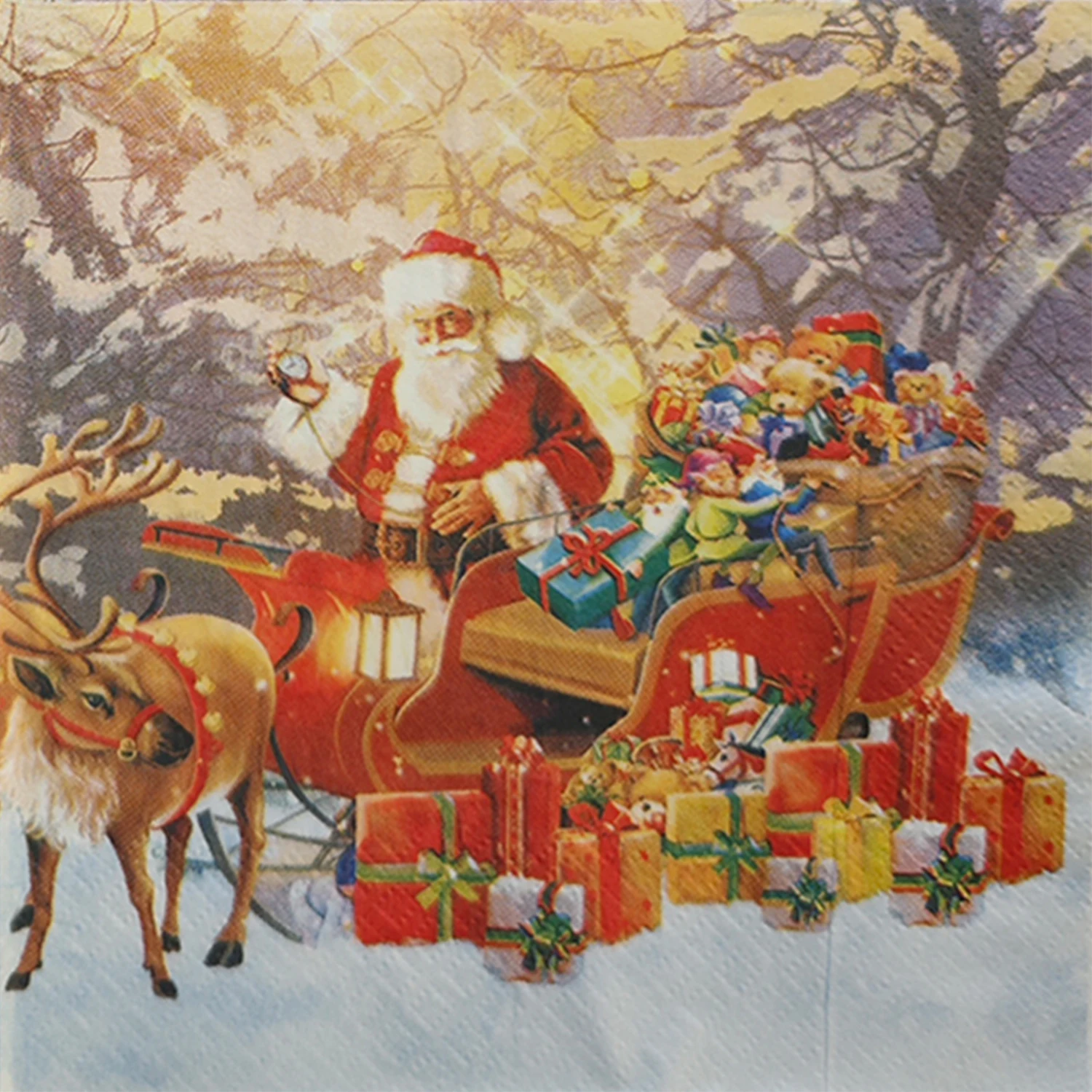 20 szt. Złote Świąteczne Serwetki Papierowe z Motywem Świętego Mikołaja, Reniferów, Sanek i Elfów, Dekoracyjne, Jednorazowe, 3-warstwowe, 33x33cm