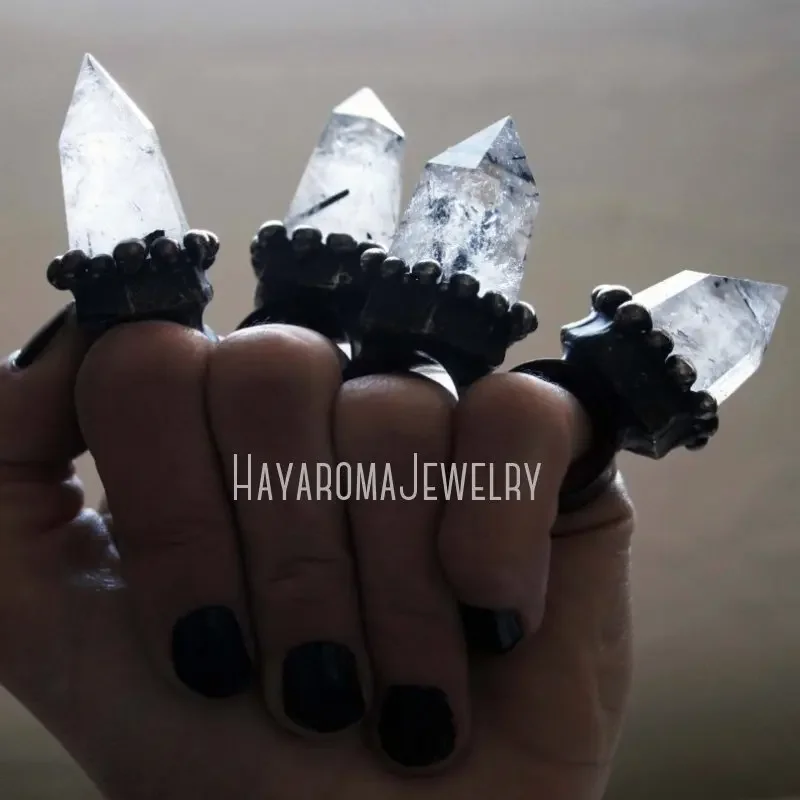 10pcs Witch Wicca Boho Goth Victorian Gothic Halloween Women Y2K Jewelry Tourmalinated Quartz Crystal Tower Ring Retro Boho Emo