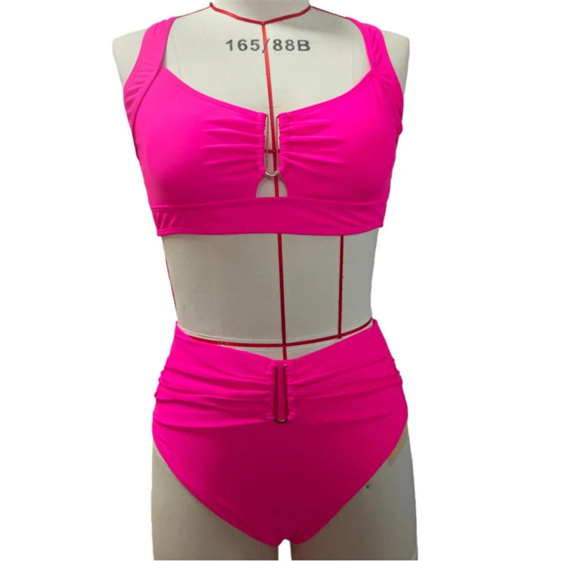 

Mid-Waist Swimwear Women's Two Pieces Bikini Swimsuits Sets Crisscross Back Metal Connected Bathing Suit 2026