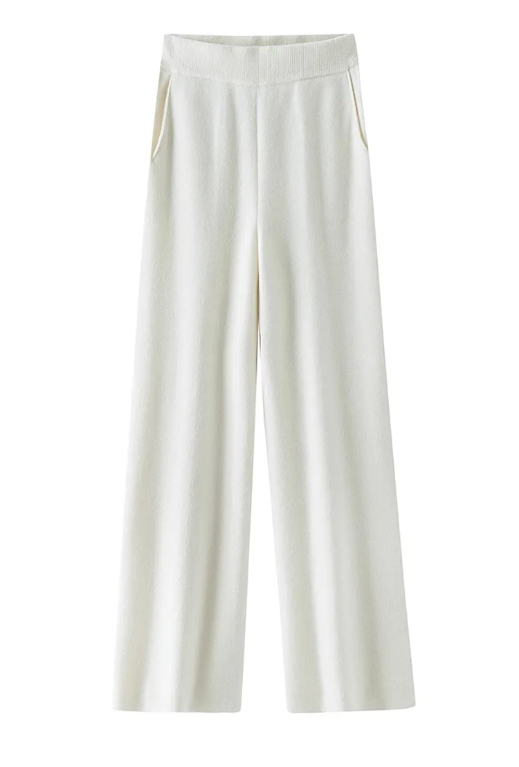 Elegant Pure High Waist Drooping Wide-Leg Pants Women's Outer Wear with Pockets Baggy Straight Trousers Knitted Mop Trousers