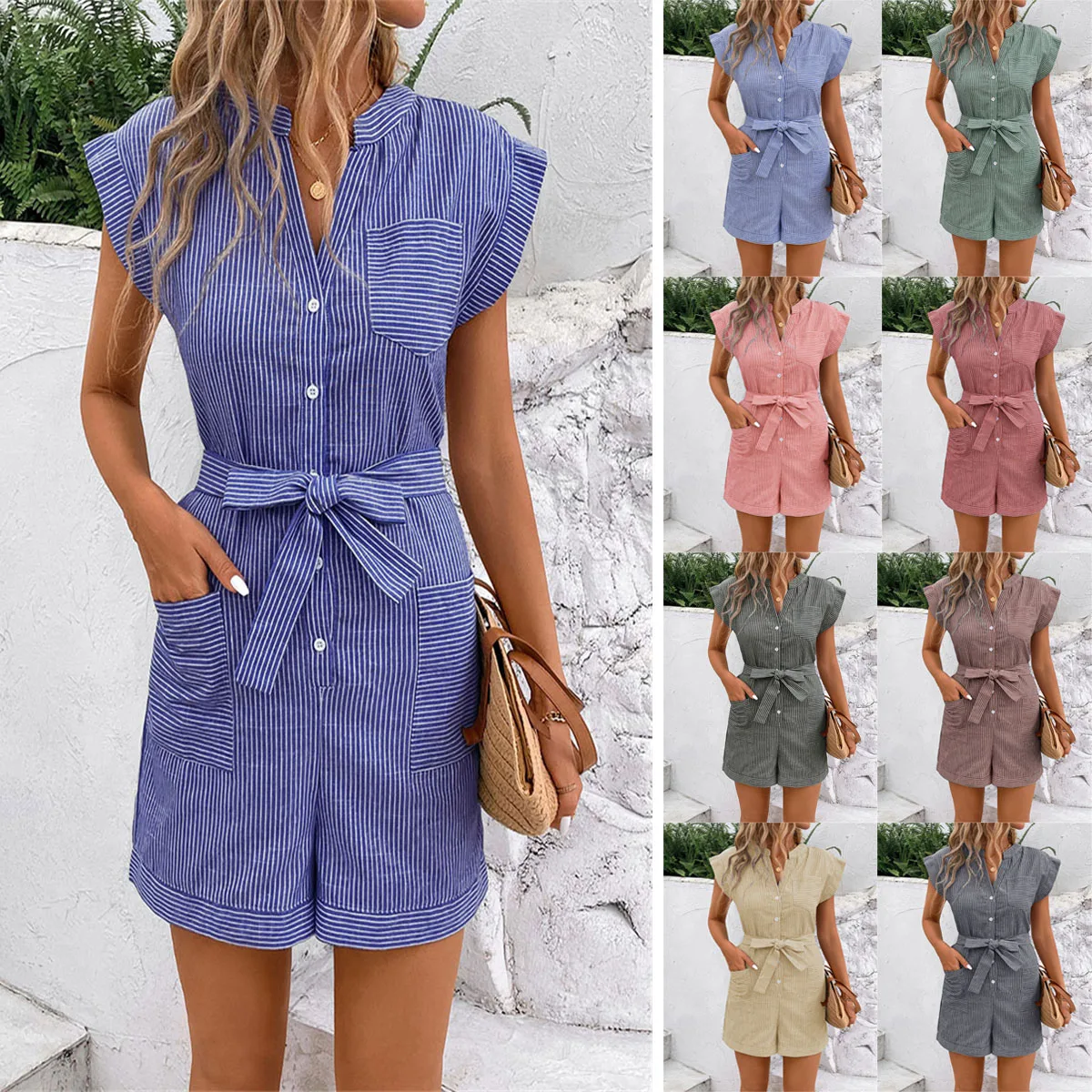 

One Pieces Striped Sleeveless Overalls For Women Elegant Short Romper Jumpsuit Female Printed Bodysuit Shorts Trend Clothing