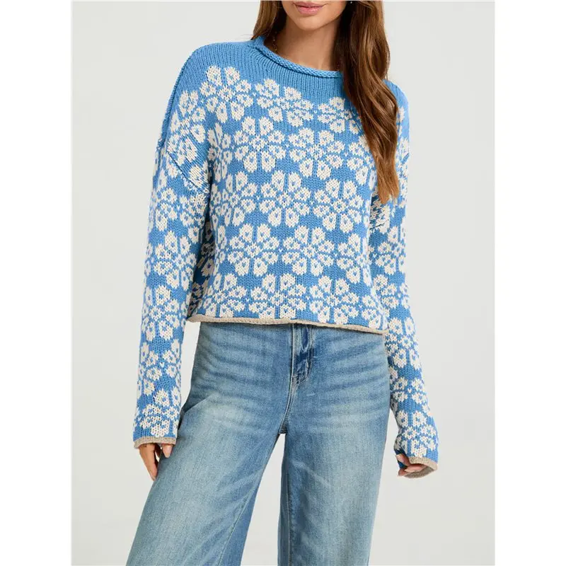 TEXU Women Vintage Floral Jacquard Color Block Trim Cropped Drop Shoulder Knit Sweater Blue S