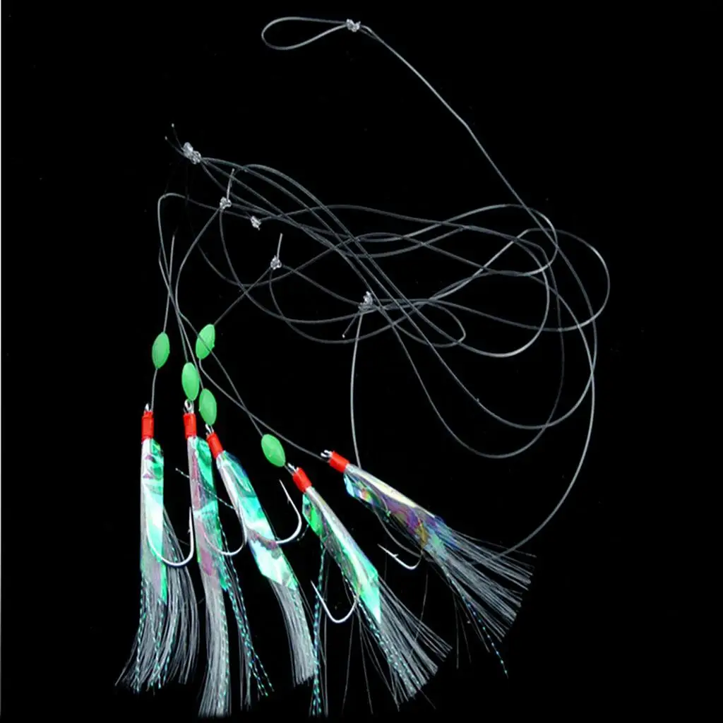 5 Pieces Fishing Rigs Barbed Hooks 3/0 High Reflective Glow Beads