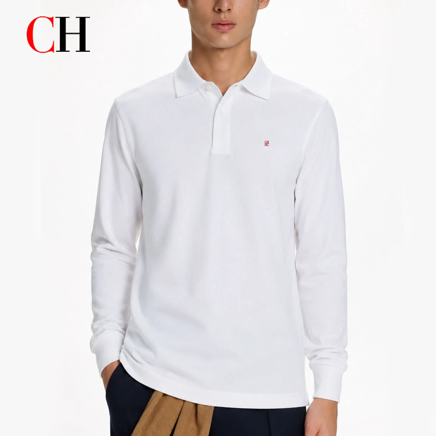 CH Men's Long Sleeve Polo Shirt Casual Slim Fit Embroidered Lapel Pullover Basic Top Multiple Colors Available