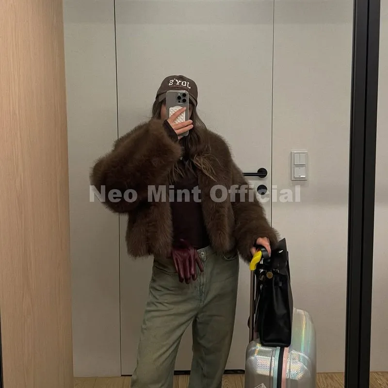 Neo Mint Winter 2025 Trendy Brown Obsession Cropped Shawl Collar Faux Fur Coat Women Jacket Chic Girls Brand Fox Fur Outerwear