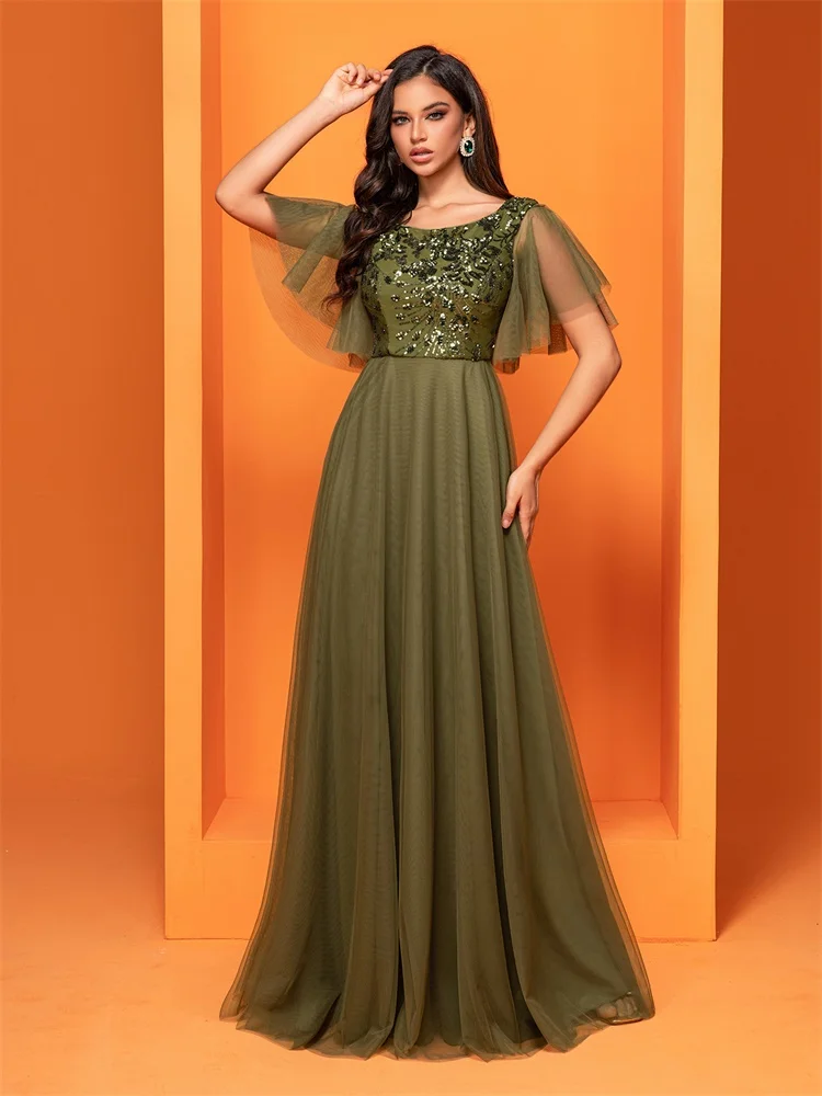 Lucyinlove Luxury Green Sequins Formal Evening Dress Women 2024 Elegant O-Neck Mermaid Prom Dress Short Sleeves Long Gowns