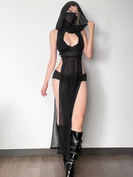 Gothic Summer High Street Travel Cool Confident Black Mysterious Sexy Open Avant-garde Sexy Hot Cool Women's Hooded Dress