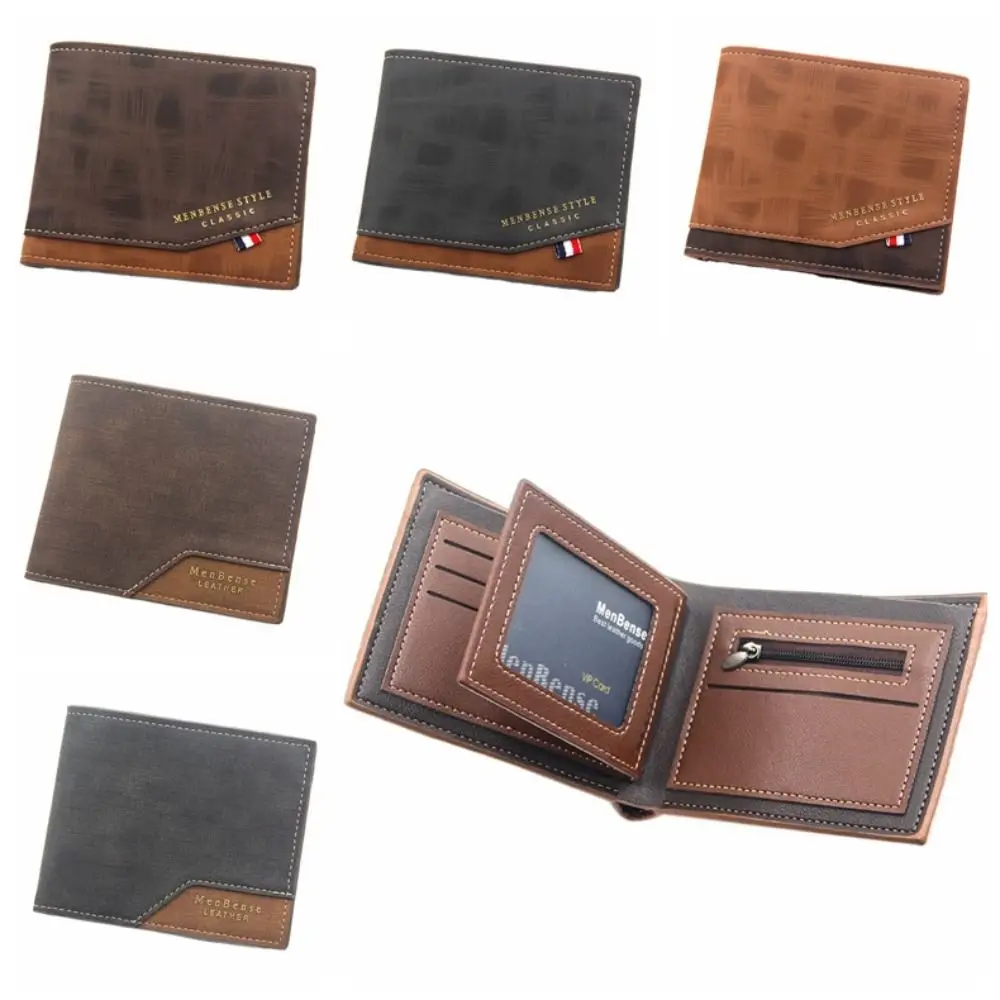 

Simple Leather Men's Short Wallet Slim Solid Color Credit Card Case Multi-Slot Photo Holder 2 Fold Wallets Travel