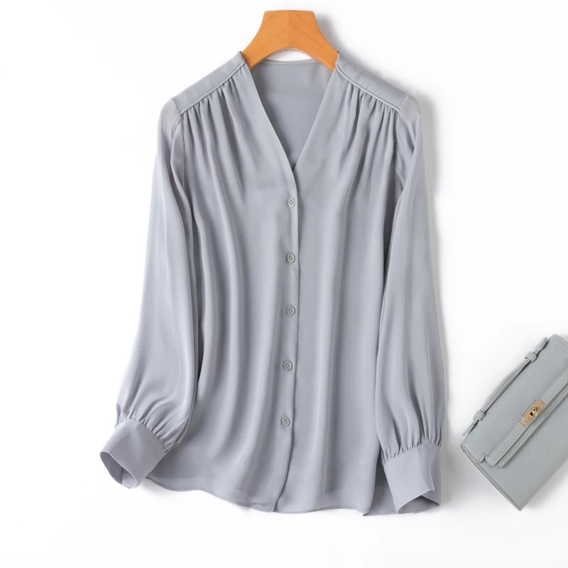 

Women Silk Shirt 100% Mulberry Silk Haze Blue Color V Neck with Lining Buttons Down Long Sleeve Top Blouse Office Lady M1102