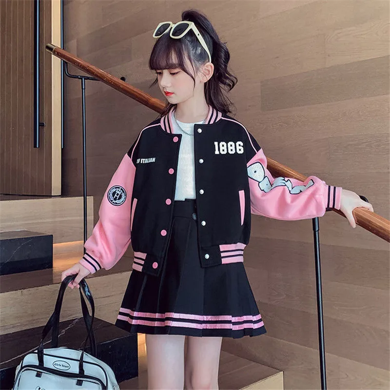 2023 Girls Clothing Sets Children Long Sleeved Coats Skirts Suit Teenage Girl Jacket Baseball Suit Kids Tracksuit Outfit Clothes