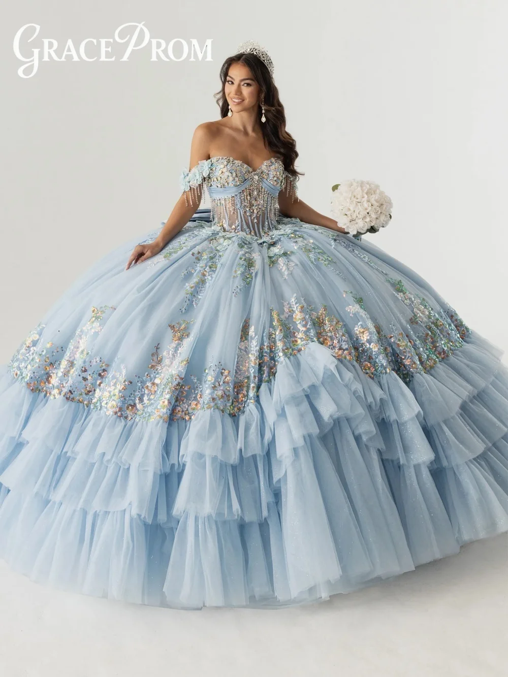 

Elegant Off Shoulder Sky Blue Quinceanera Gown Featuring Sheer Beaded Bodice Multi Layered Tulle Skirt For Sweet 16 Celebration