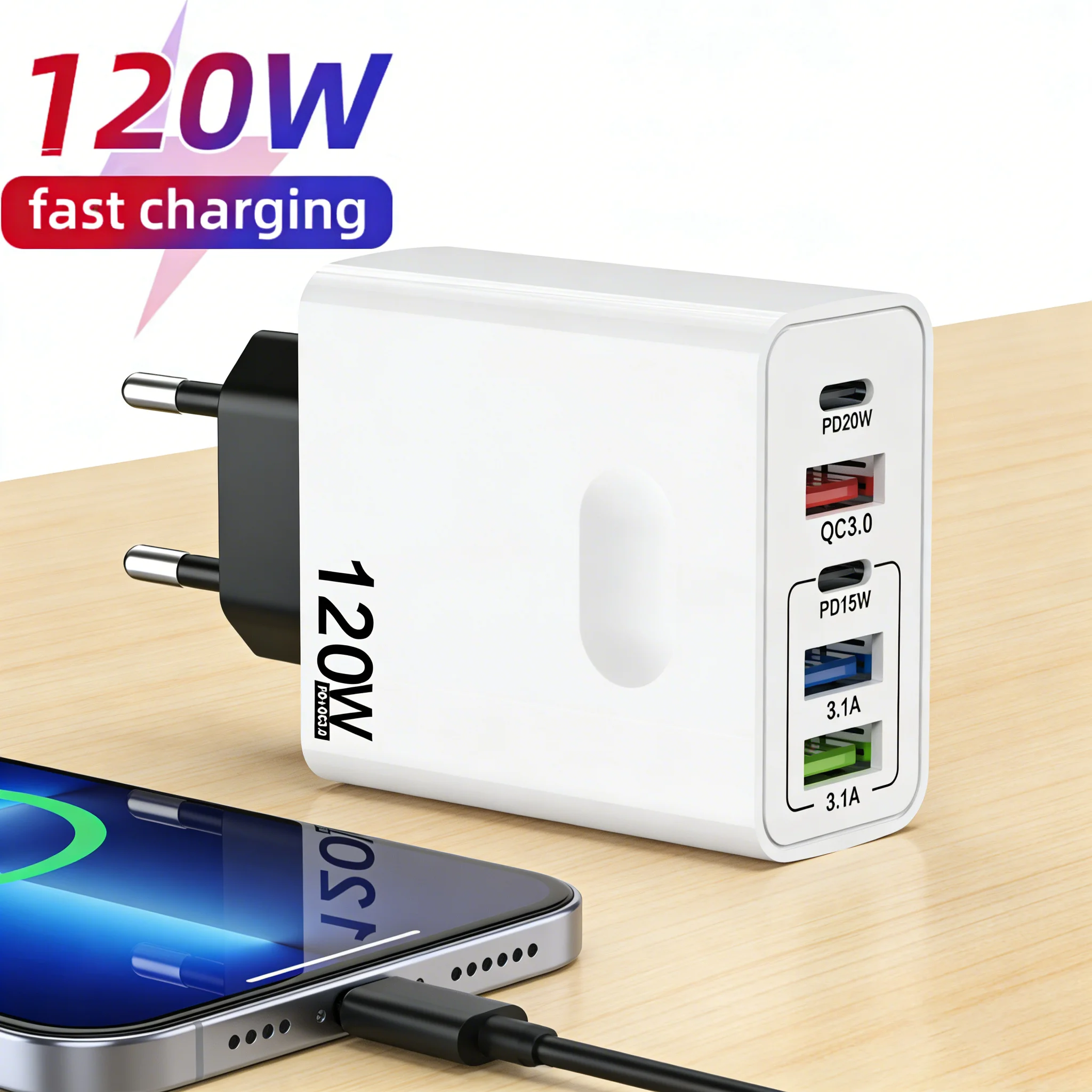 120W 5 Port USB C PD Charger Quick Charge 3.0 Fast Charging Mobile Phone Adapter for iPhone 15 16 17 Samsung Xiaomi Huawei EU US
