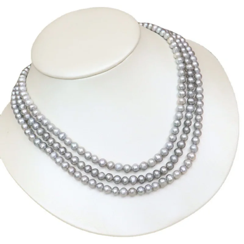 Collier de perles grises à trois couches, perle naturelle, pull classique JOS925, accessoires de pull d'hiver, cadeau de princesse, 8-9mm, 080809