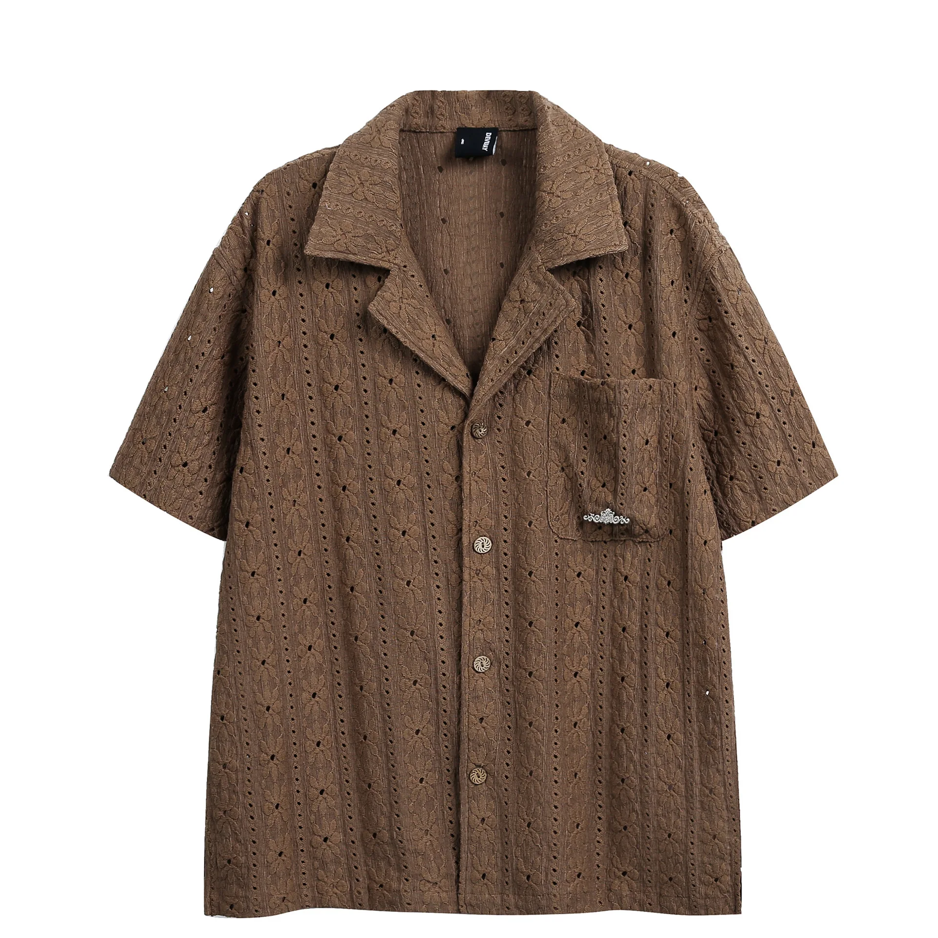 

Новая рубашка в гавайском стиле 2026 года: жаккардовая, с вырезами, кубинским воротником, коротким рукавом, свободного кроя, с рукавом до локтя